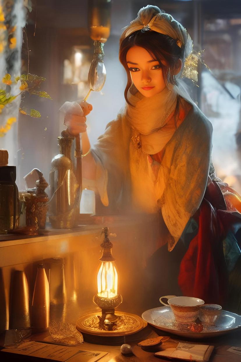 a female genie coming out of her glass oil lamp, Detailed, Vibrant, Full body, Sharp Focus, Character Design, realistic face, Wlop, Artgerm, photo realistic,Character Design, Unreal Engine, octane