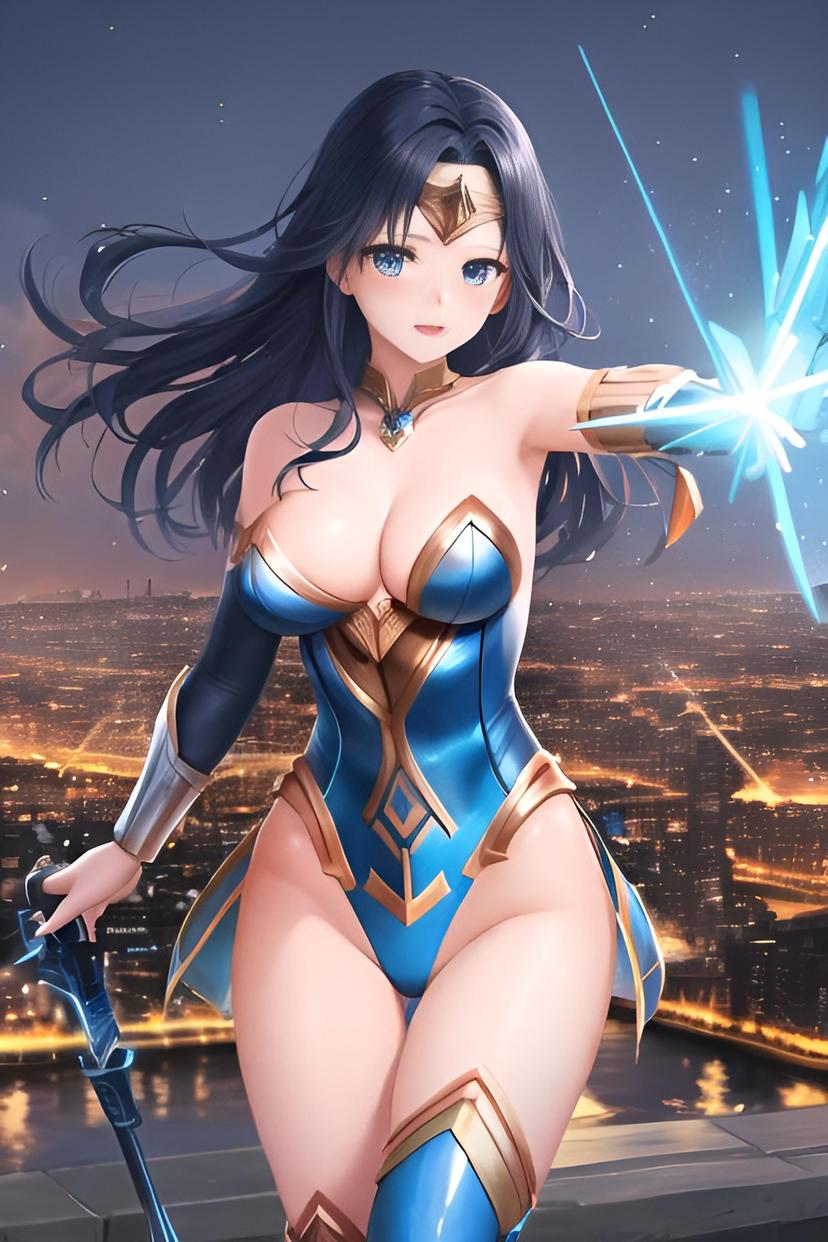 blue flames, glowing weapon, light particles, wallpaper, naked wonder woman alike,Ideal woman's tits and hips, virgin ,city background, view from front 