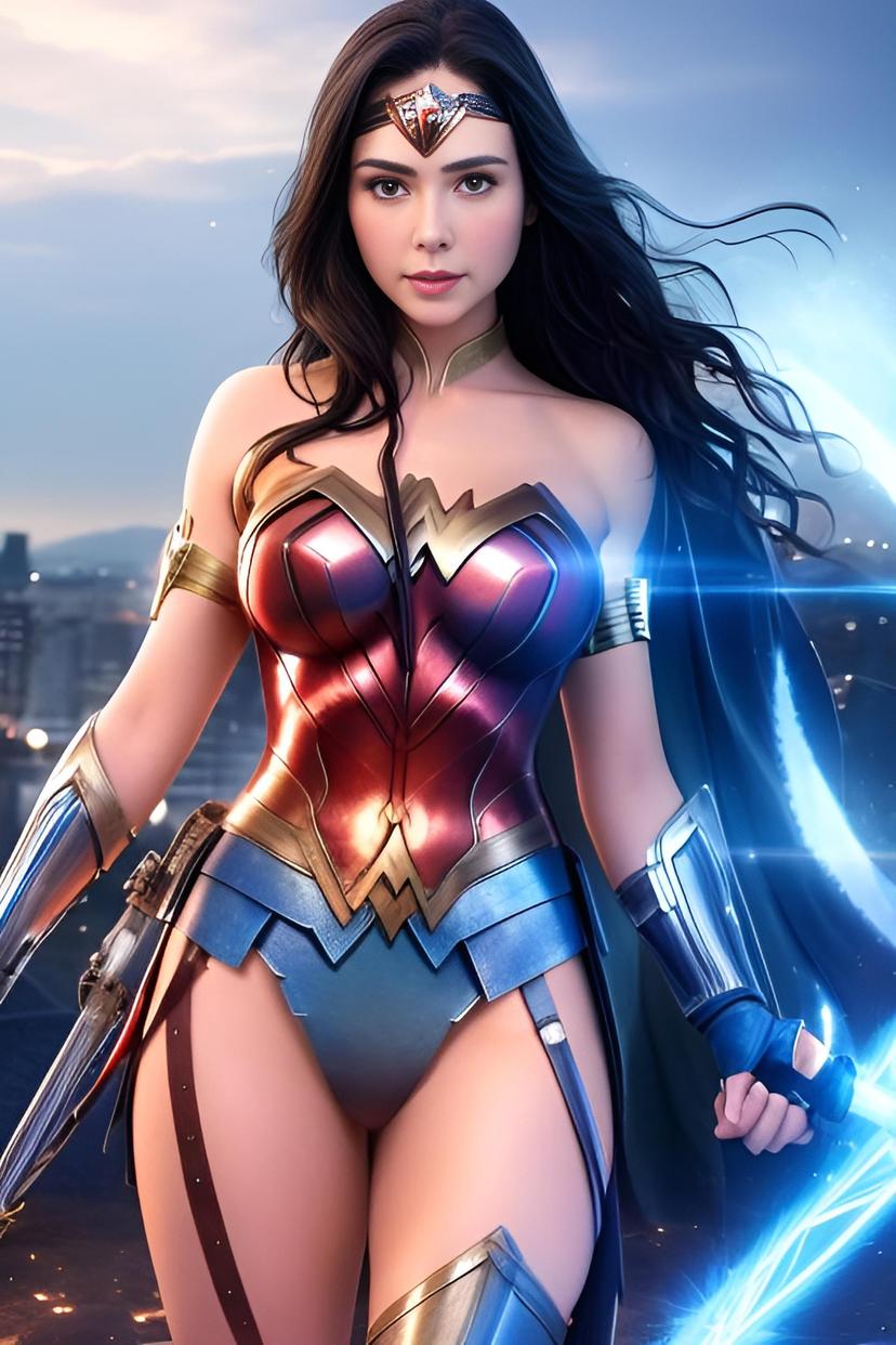 blue flames, glowing weapon, light particles, wallpaper, naked wonder woman alike,Ideal woman's tits and hips, virgin ,city background, view from front 