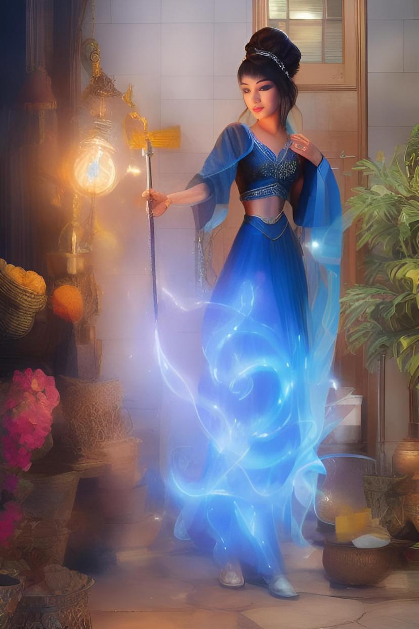 a female genie coming out of her glass oil lamp, Detailed, Vibrant, Full body, Sharp Focus, Character Design, realistic face, Wlop, Artgerm, photo realistic,Character Design, Unreal Engine, octane