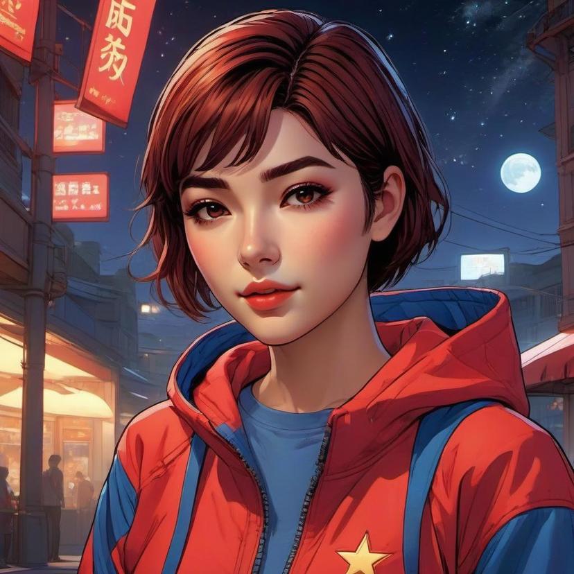 1girl,(Short hair,Cute,handsome,wearing outdoor sportswear :0.7), 3D,(Face close-up :1.2), (at night, surrounded by star light), (Ultra detailed, aesthetic, beautiful composition, rich bright colors, volumetric soft light)(red cloth)